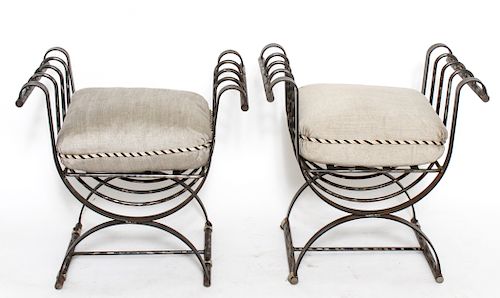 Regency Manner Iron Benches, Pair