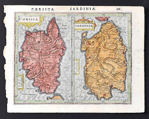 2 Maps of Sardinia and Corsica Mercator and Hondius Ortelius