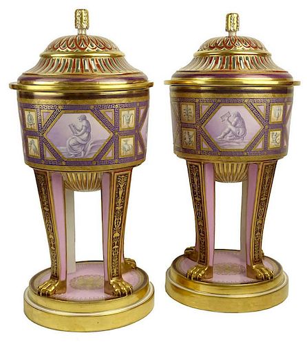 Impressive Pair of 19th Century Royal Vienna Empire Design Hand Painted Porcelain Potpourri Urns
