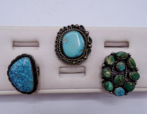 3 STERLING SILVER & TURQUOISE RINGS, GEM SPIDER WEB, BEAUT & NAVAJO