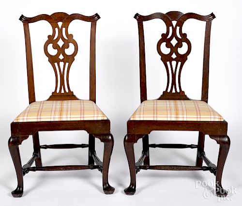 Pair Queen Anne mahogany owl back dining chairs