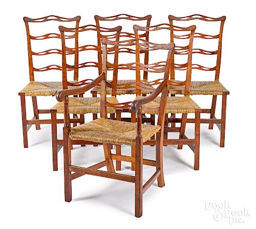 Set of six Chippendale tiger maple chairs