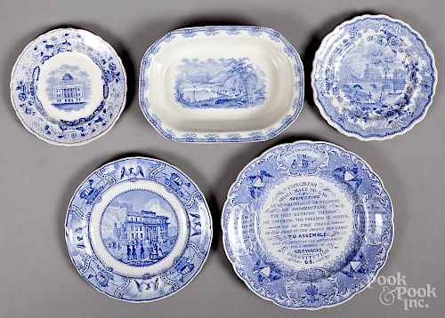 Four Historical Staffordshire plates and dish