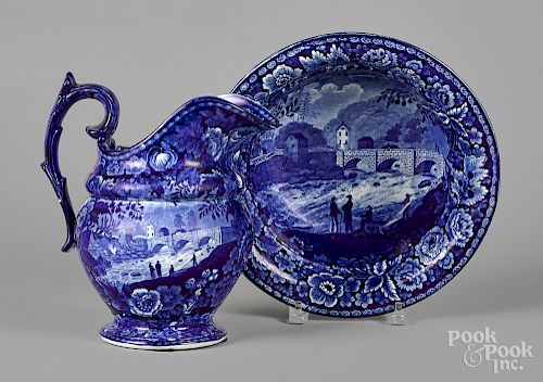Historical blue Staffordshire pitcher and basin