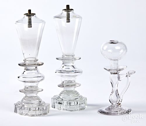 Three New England colorless glass oil lamps