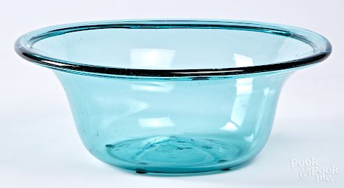 Large free blown aquamarine glass bowl