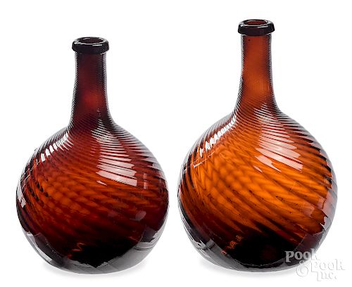 Two Zanesville, Ohio blown amber glass bottles
