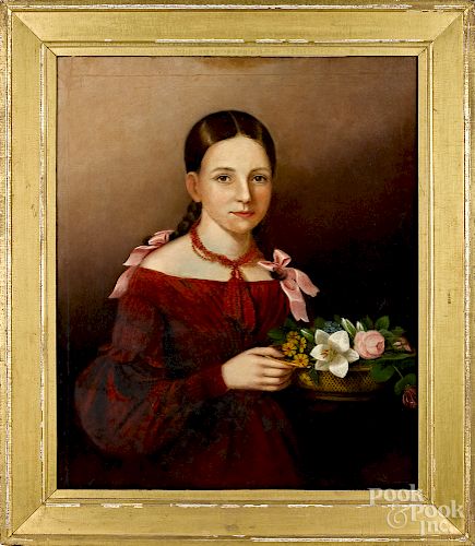 American oil on canvas portrait of a young girl