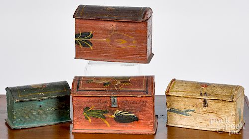 Four painted pine dome lid dresser boxes