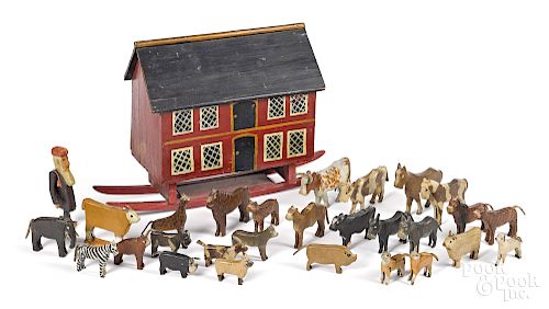 Painted Noah's Ark and carved animals