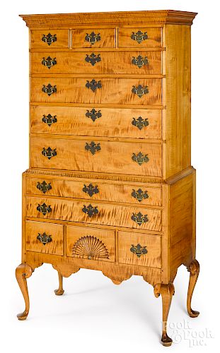 New Hampshire Queen Anne tiger maple high chest