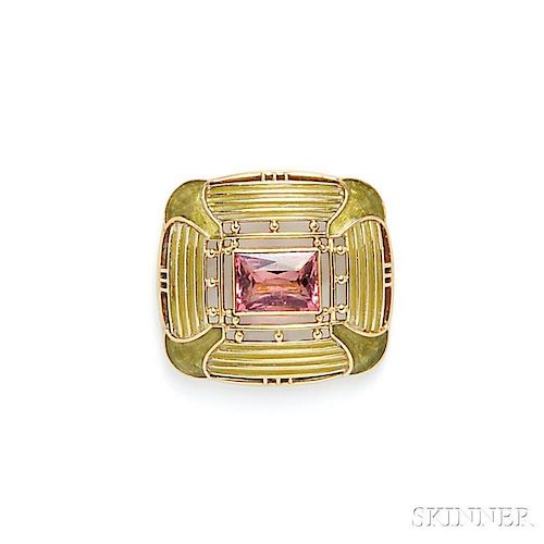 Arts & Crafts 18kt Gold, Plique-a-Jour Enamel, and Pink Tourmaline Brooch,   Tiffany & Co.