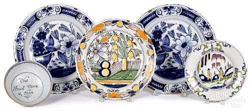 Pair of Delft blue and white chargers, etc.
