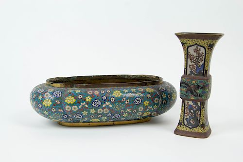 Cloisonne Quatrefoil Planter and Gu-Form Vase.
