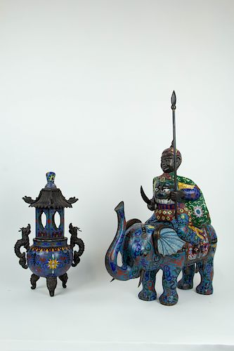 A Chinese Cloisonne Warrior and Elephant, Together