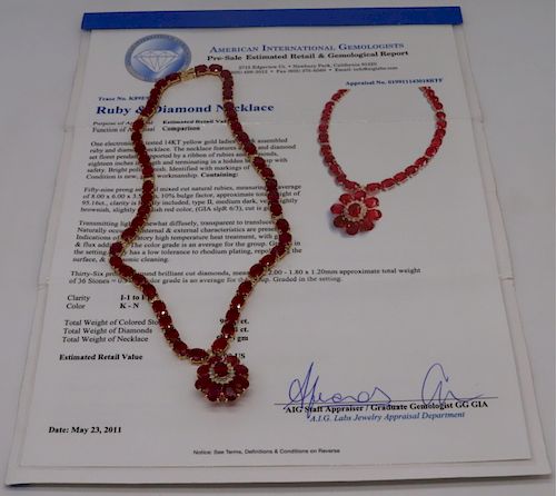 JEWELRY. 14kt Gold and 95+ct Ruby Necklace.