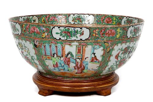 19th C. Rose Medallion Punch Bowl on Stand