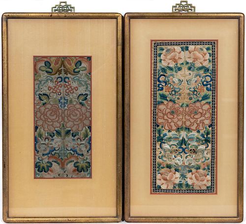 Pair of Chinese Framed Floral Embroidery Panels