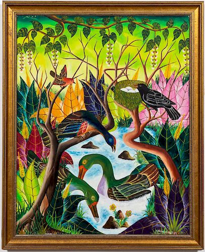Adam Leontus Haitian Oil Painting, "Bird Song"