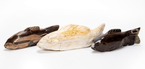 Three, Carved Petrified Wood Fish Sculptures