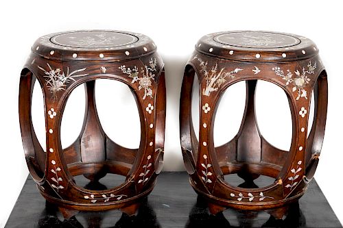 Pair of Chinese Rosewood MOP Inlaid Barrel Stools