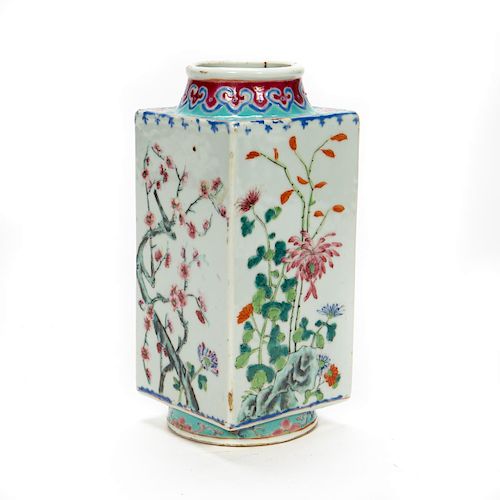 Chinese Hand Painted Floral Motif Cong Vase