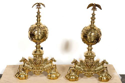 Pair, Large Baroque Style Polished Brass Andirons