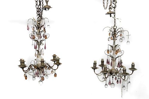 Pair, Small French Six-light Crystal Chandeliers