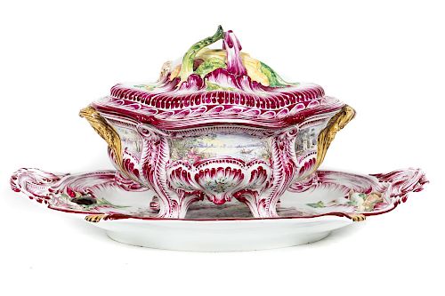 French Faience Lidded Tureen & Underplate, 2pcs