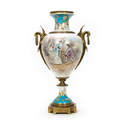 Lg. Sevres Style Porcelain Urn With Bronze Mounts