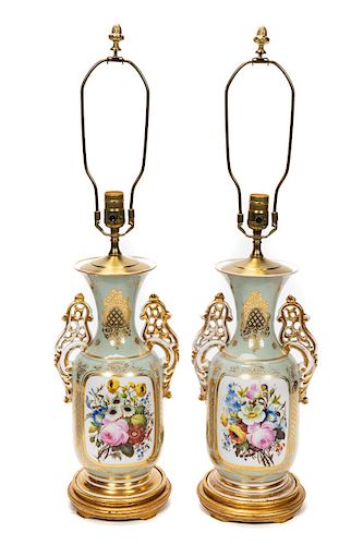 Pair, Old Paris Porcelain Vases, Mounted as Lamps