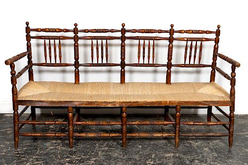 19th C. English Turned Bench With Rush Seat