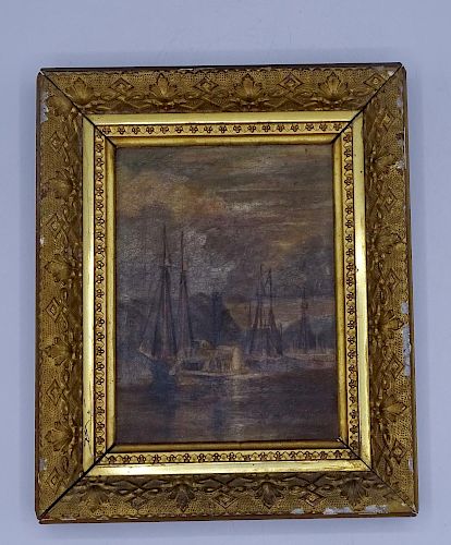 19TH C. OIL ON CANVAS BOATS IN HARBOR
