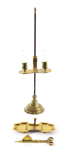 LOT OF 3: BRASS AND WROUGHT IRON ADJUSTABLE TABLE CANDLESTAND AND EARLY BRASS SUFFER AND TRAY.
