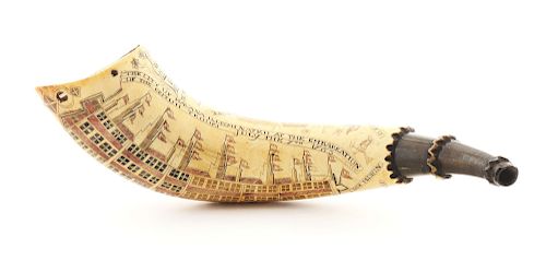 EXCEPTIONAL AND RARE ENGRAVED HAVANA MAP POWDER HORN DATED JULY 7TH, 1763 AND DECORATED WITH POLYCHROME COLORS.