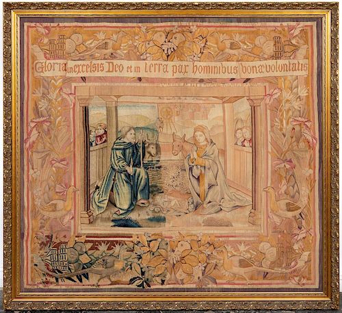 Large 19th C. Continental Nativity Scene Tapestry