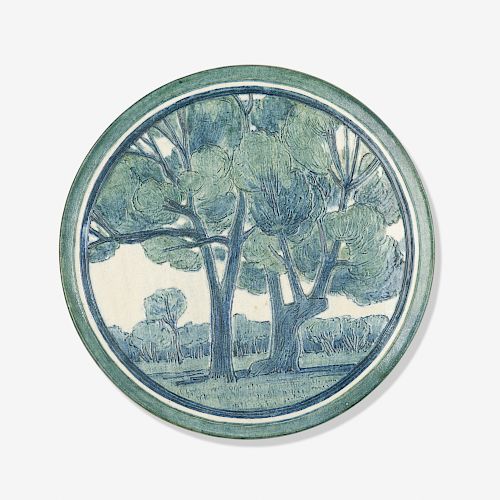 Henrietta Bailey for Newcomb College Pottery, early wall-hanging charger with live oaks