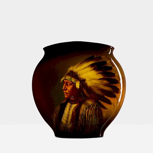 Matthew Daly for Rookwood Pottery, exceptional large Standard Glaze Native American portrait vase