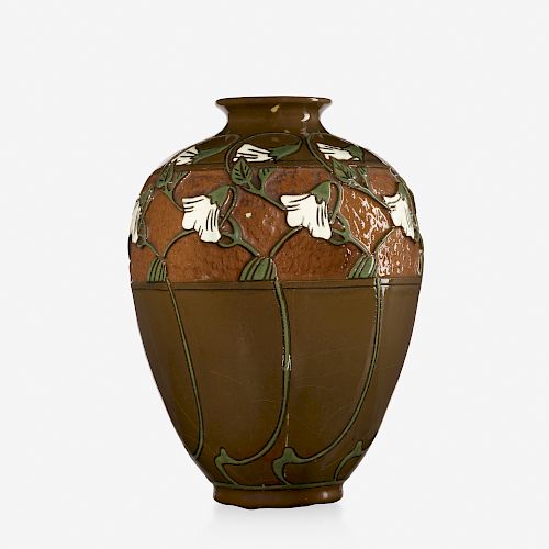 Frederick Hurten Rhead for Roseville Pottery, Della Robbia vase with white flowers
