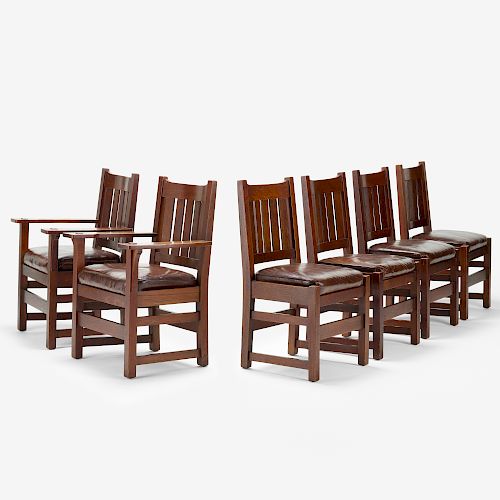 L. & J.G. Stickley, dining chairs models 820 and 822, set of five plus one