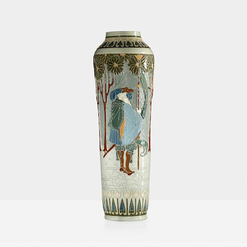 Frederick Hurten Rhead for Roseville Pottery, exceptional tall Della Robbia vase with courtier