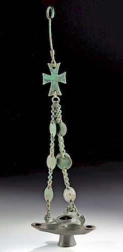 Roman / Byzantine Bronze Hanging Oil Lamp w/ Chain