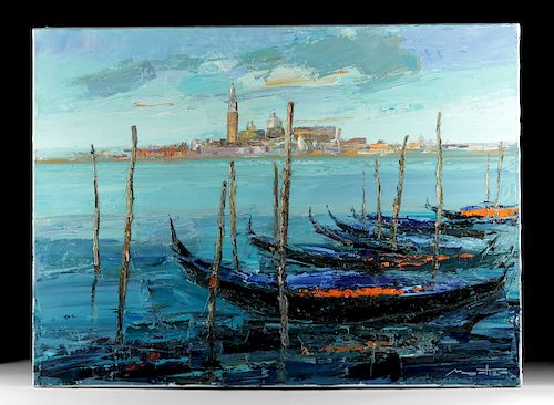 Signed G. Mortier Painting - Gondolas in Venice - 2010