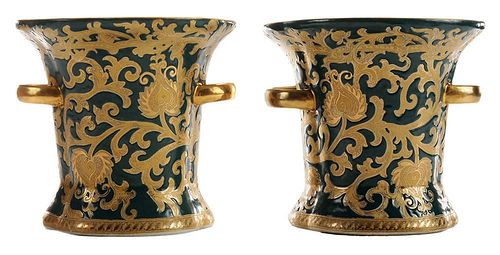 Pair Green and Gilt Floral-Decorated