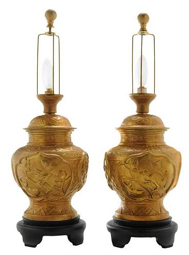 Pair Gilt Brass Chinese Table Lamps