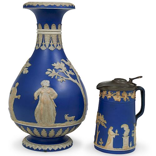 (2 Pc) Wedgwood Deep Blue Figural Vase