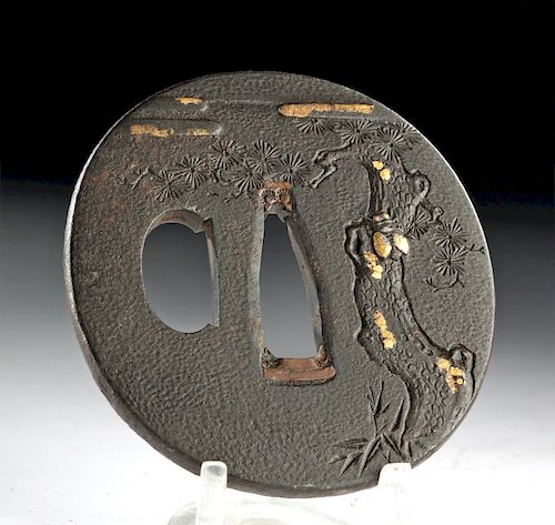18th C. Japanese Edo Iron, Copper, & Gilt Tsuba w/ Tree