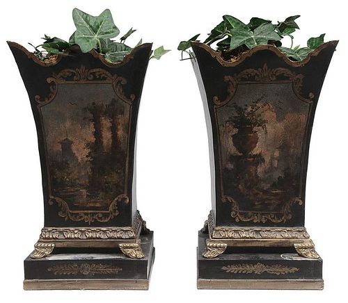 Pair Painted Tole and Brass-Footed
