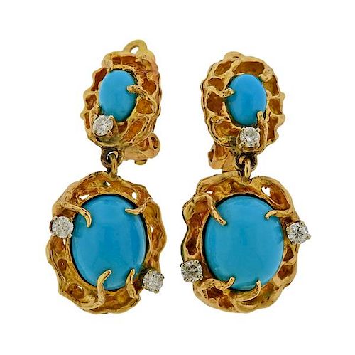1970s Free Form 14K Gold Diamond Turquoise Earrings