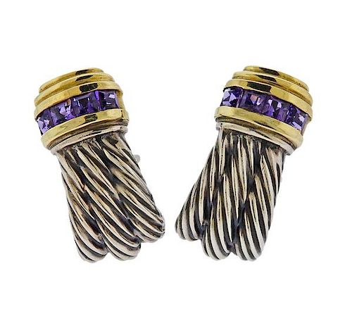 David Yurman 14k Gold Silver Amethyst Cable Earrings 